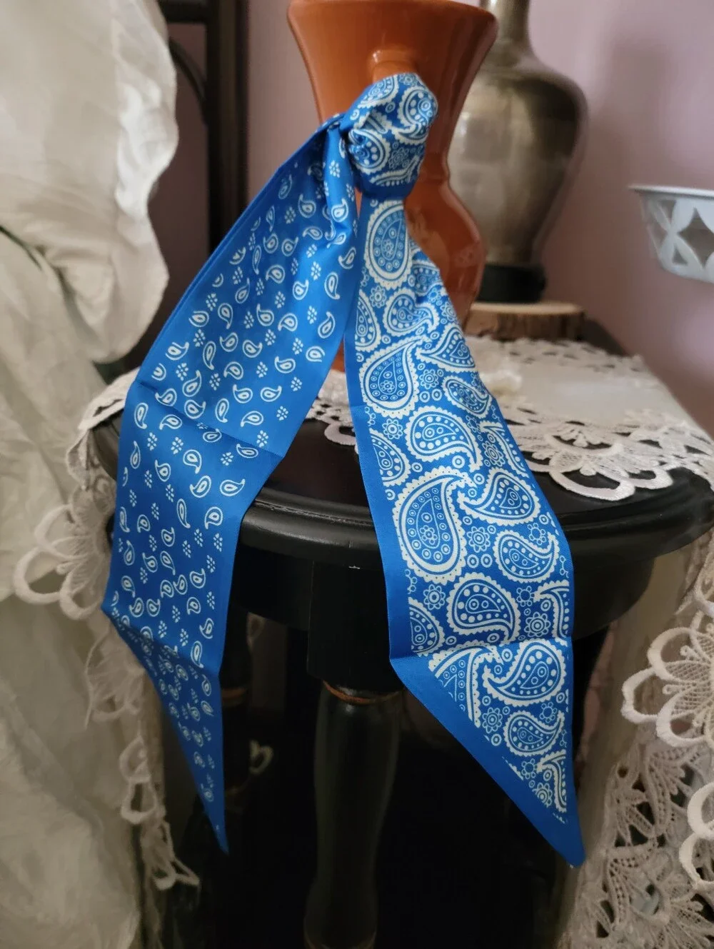 Blue Paisley & Polka Dot Hair Scarf Bow Twilly